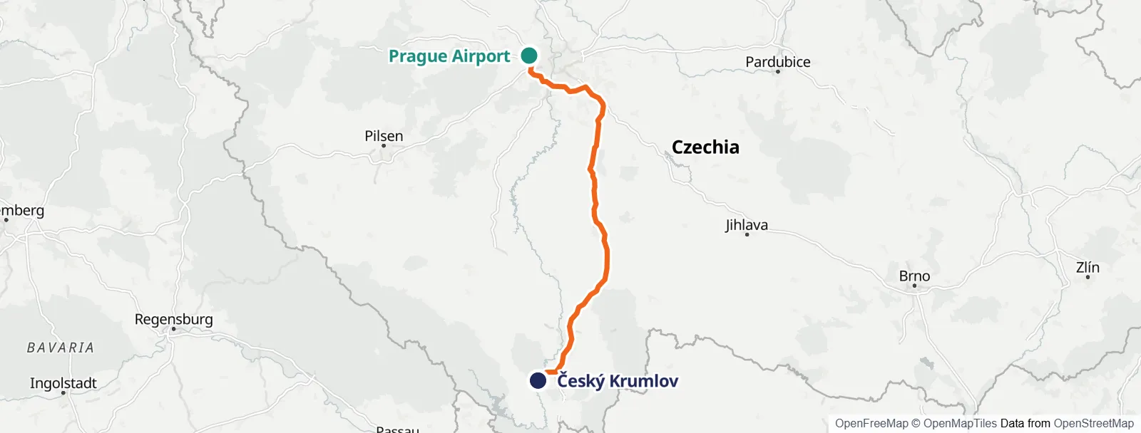 Mapa trasy: Prague Airport – Český Krumlov