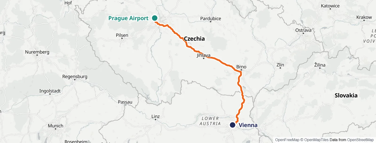 Mapa trasy: Prague Airport – Vienna
