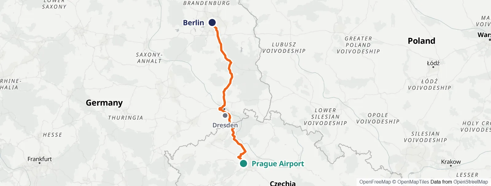 Mapa trasy: Prague Airport – Dresden – Berlin