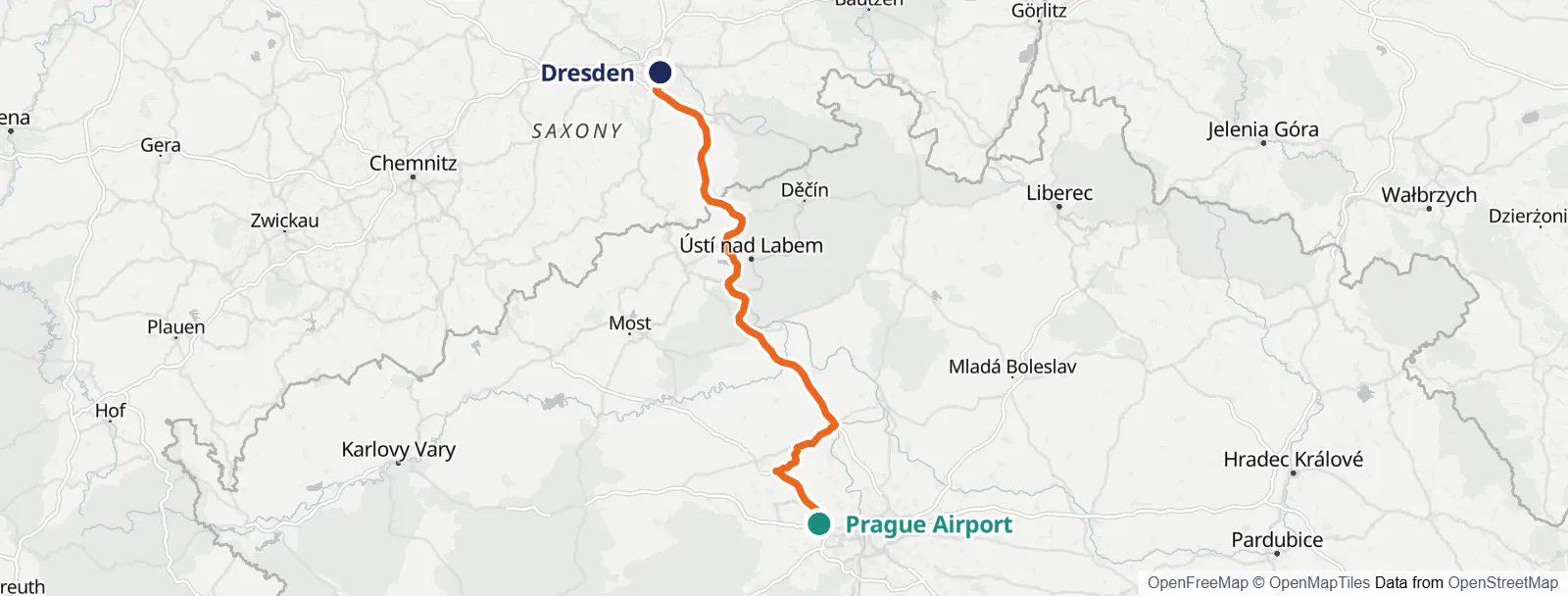 Mapa trasy: Prague Airport – Dresden