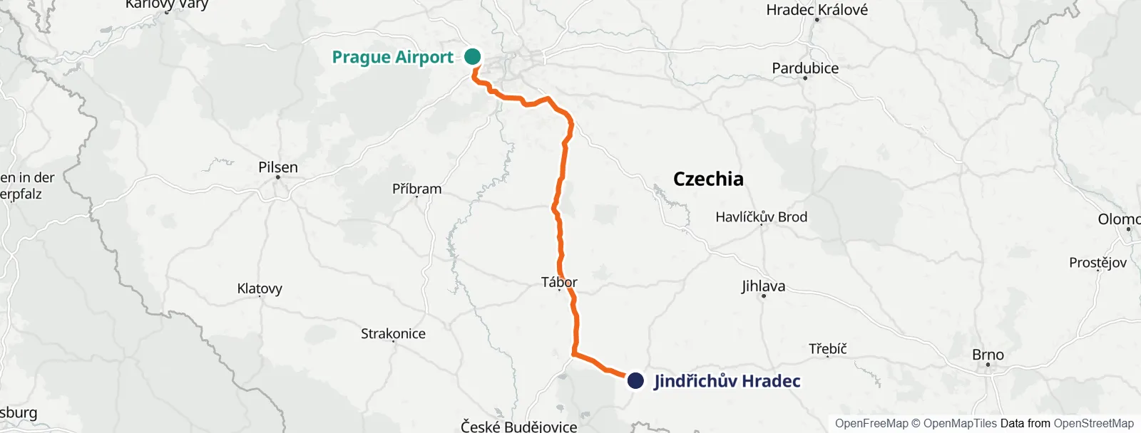 Mapa trasy: Prague Airport – Jindřichův Hradec