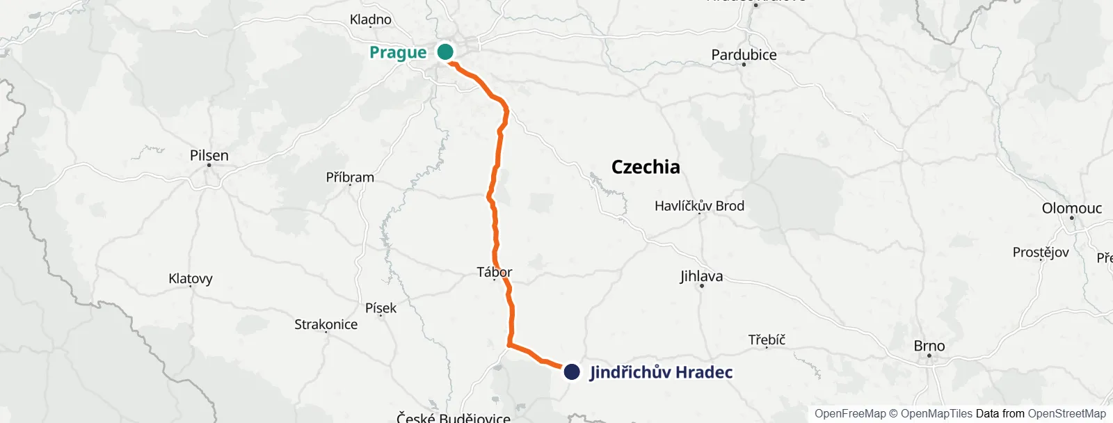 Mapa trasy: Prague – Jindřichův Hradec