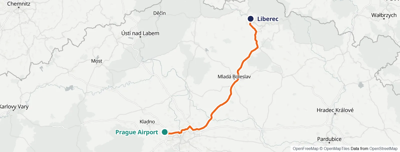Mapa trasy: Prague Airport – Liberec