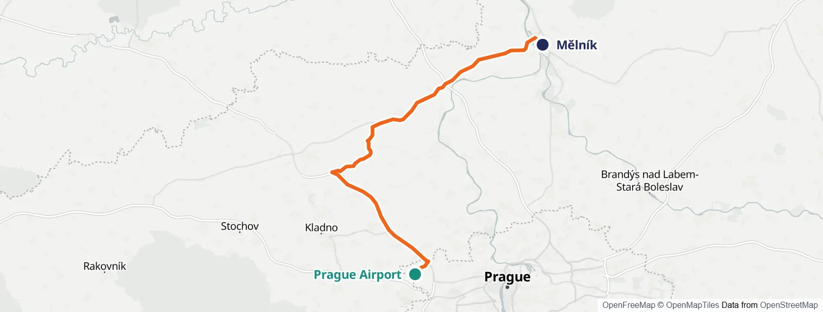 Mapa trasy: Prague Airport – Mělník